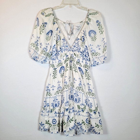 SAYLOR Womens Gracey Floral Puff Sleeve Dress Size XS White Sundress Prairie - Picture 1 of 10